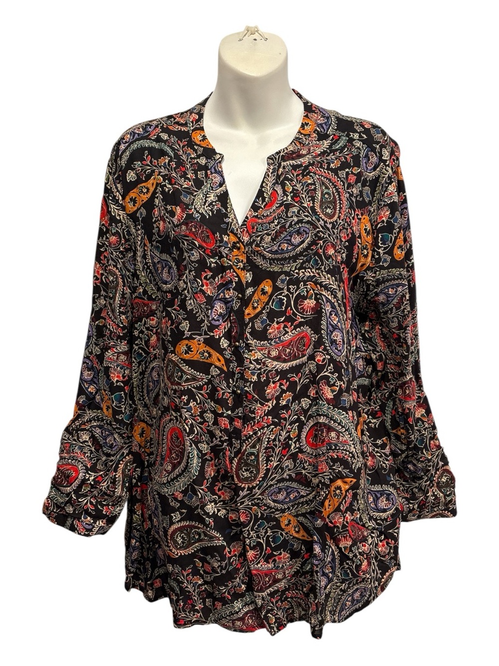 Grand & Greene Black Paisley Split-Neck Tunic with Multi-Color Accents sz large